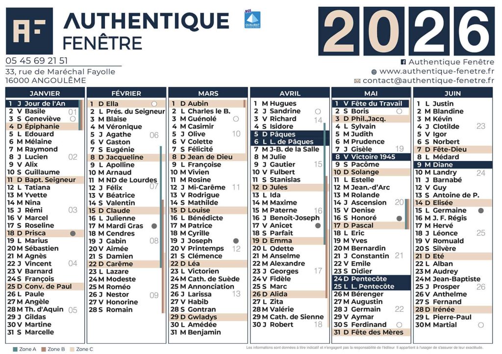 Calendrier 2026 imprimé pour Authentique Fenêtre